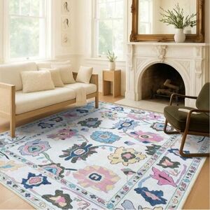 Fame Living Colorful Oushak Rug Modern Vintage Turkish Eclectic Floral Rug